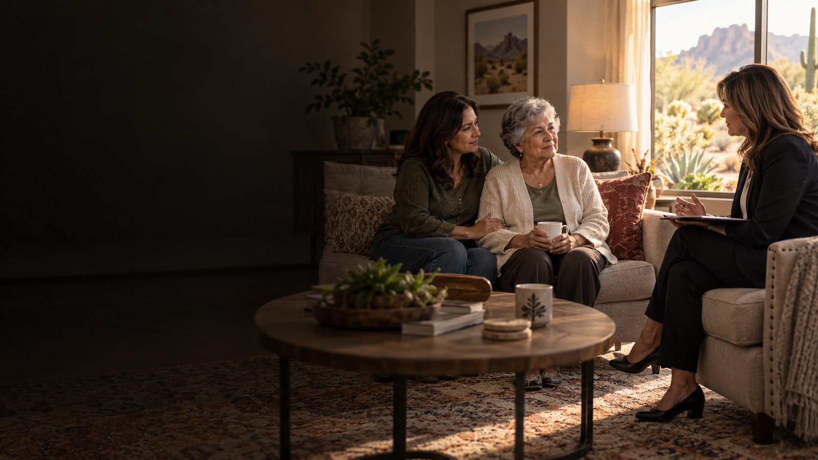 An older woman, her adult daughter and an advisor having a calm conversation in a warm Arizona home
